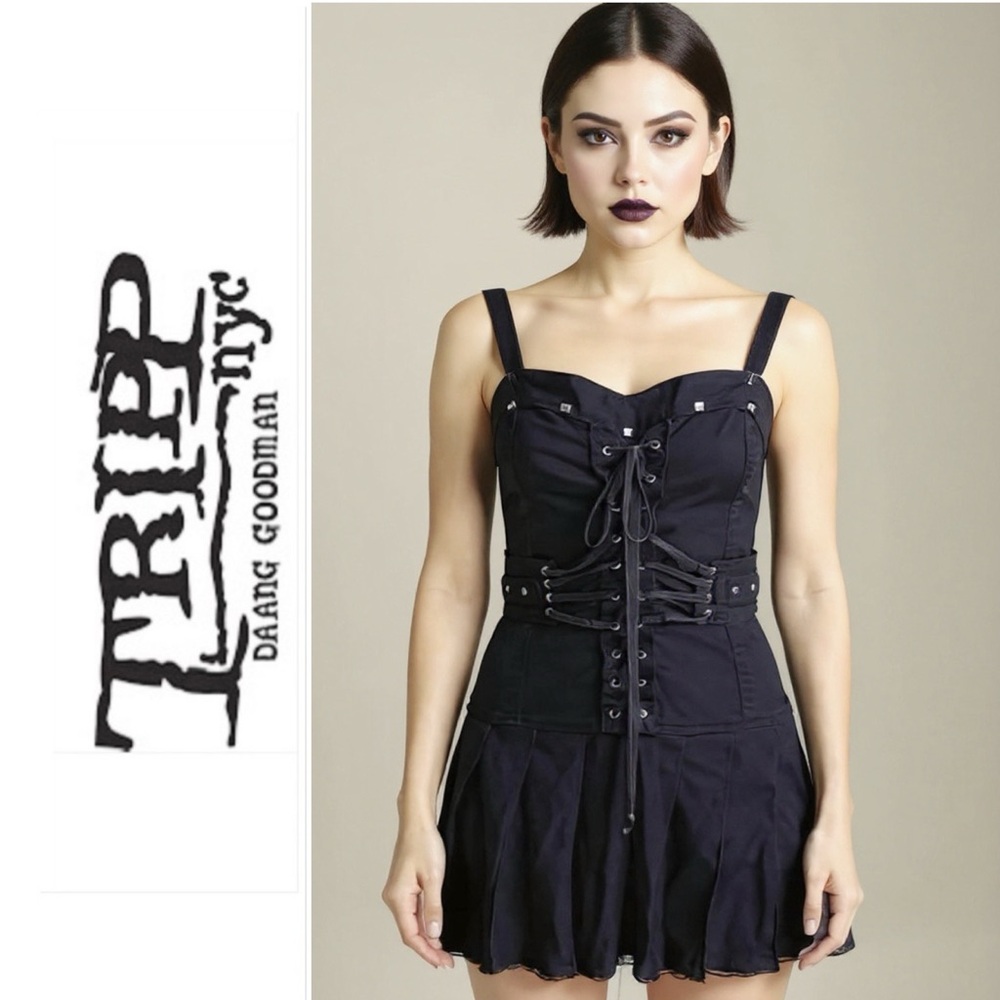 Tripp NYC Daang Goodman Punk Goth Black Studded Corset Mini Dress Size Medium